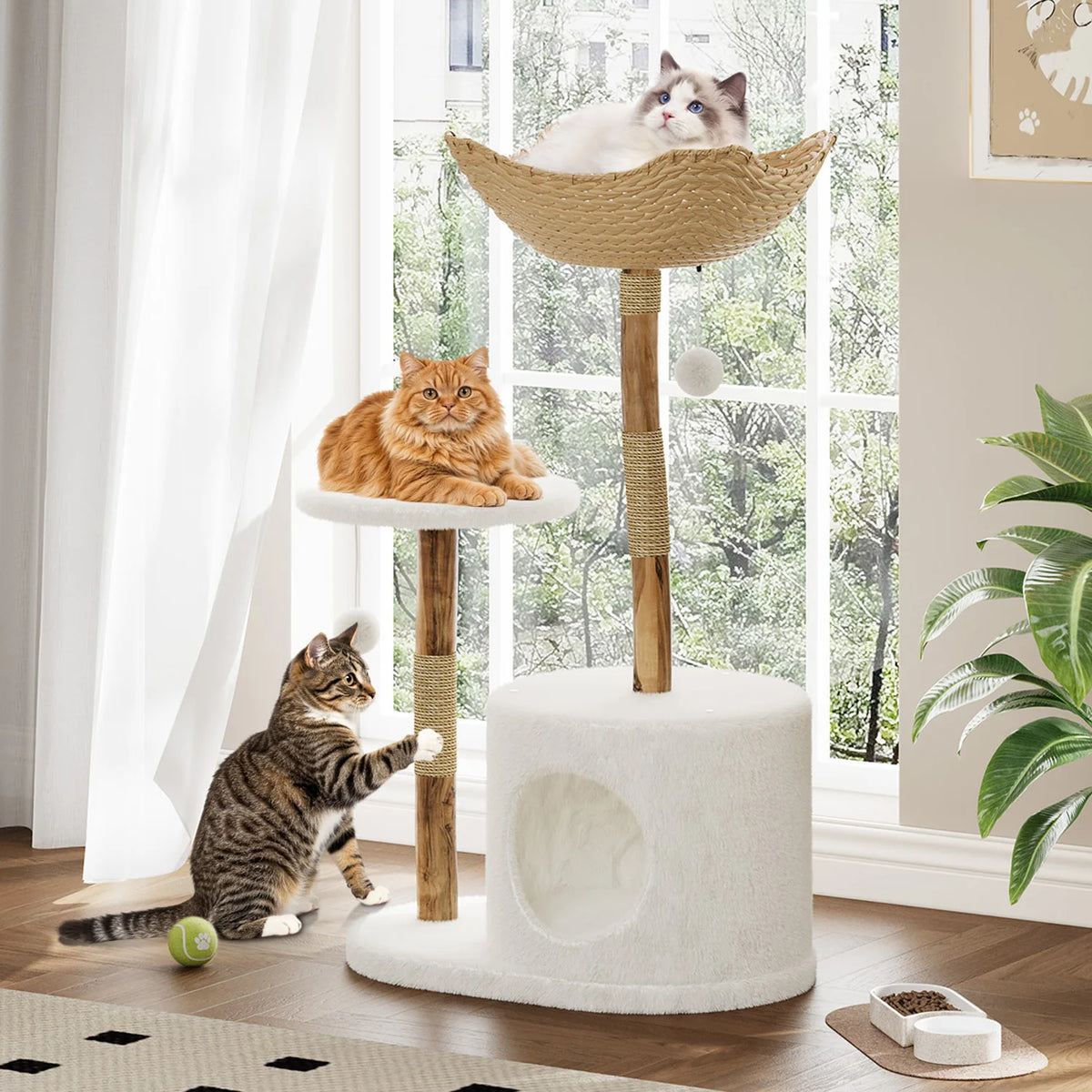 Arbre a chat design bois et rotin 116 cm
