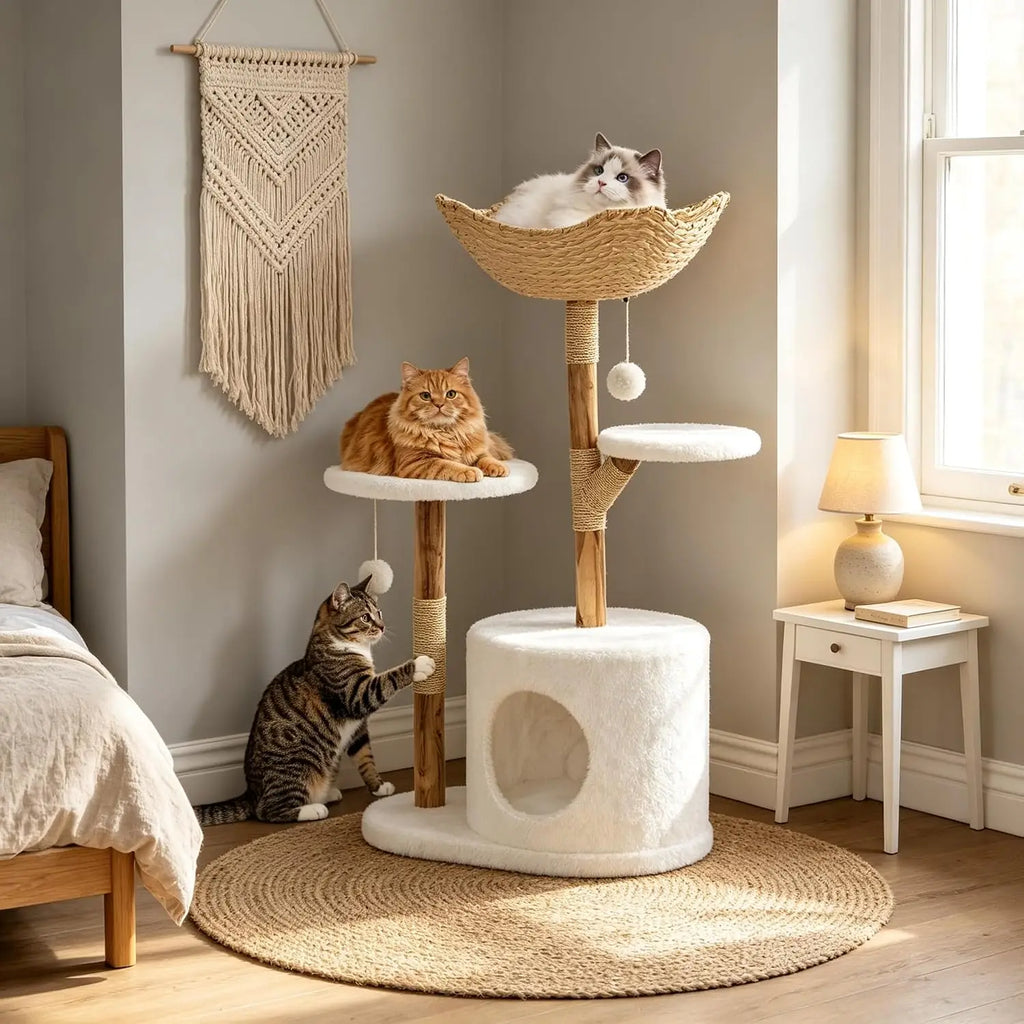 Arbre a chat design bois et rotin 116 cm