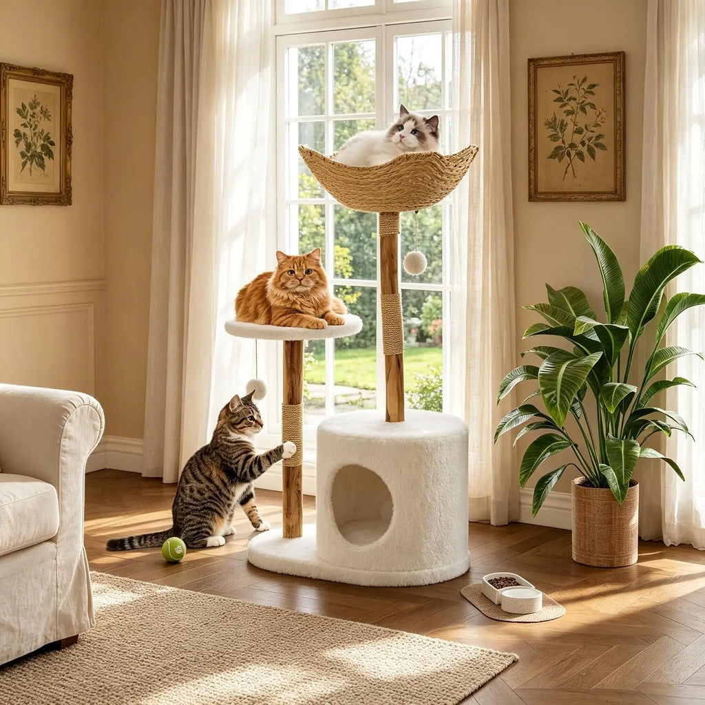 Arbre a chat design bois et rotin 116 cm