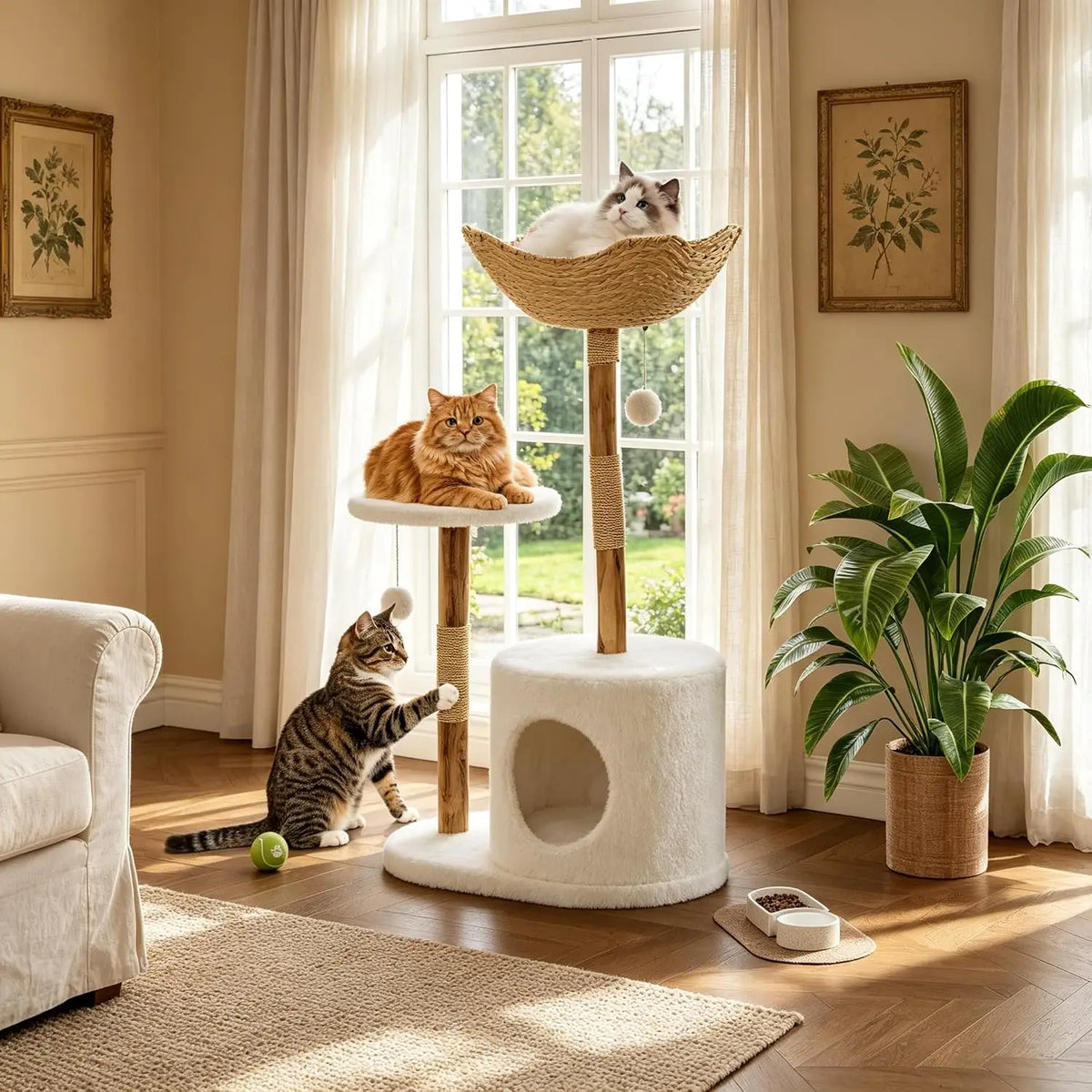 Arbre a chat design bois et rotin 116 cm