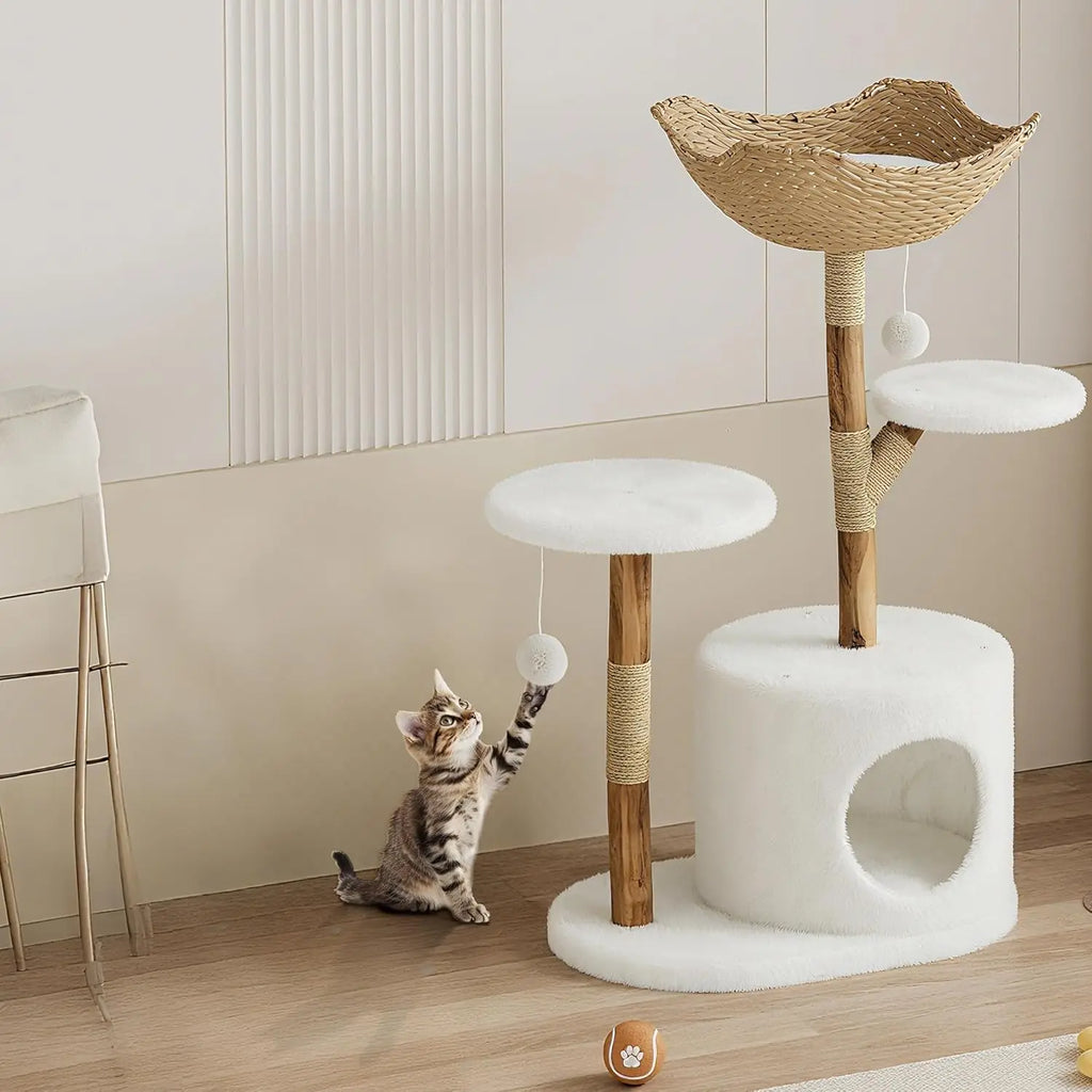 Arbre a chat design bois et rotin 116 cm