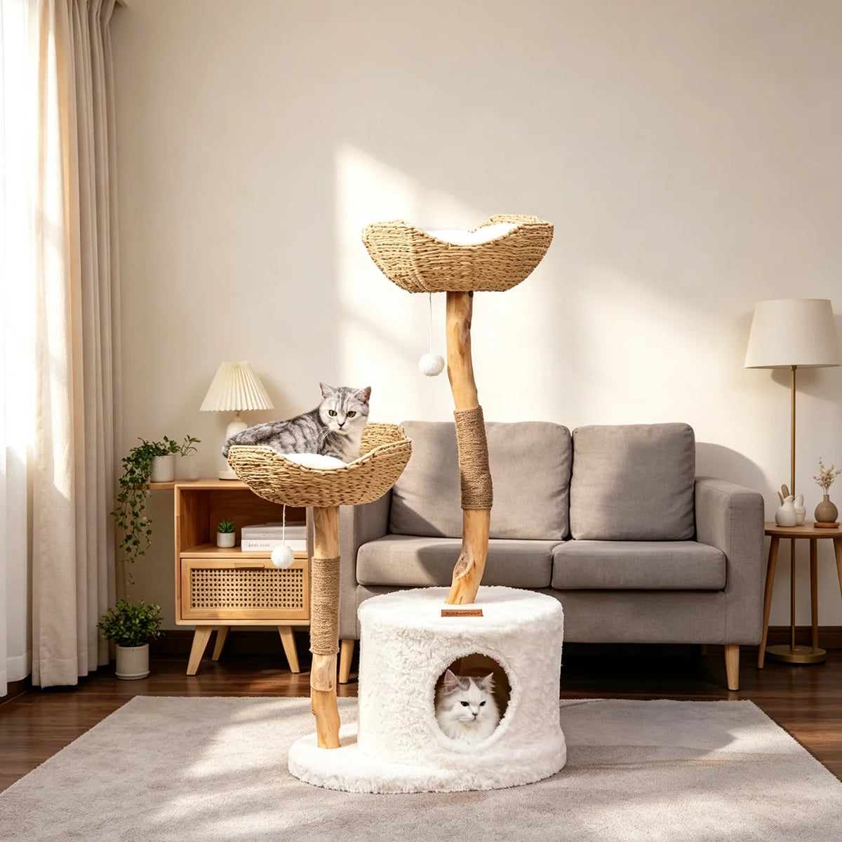 Arbre a chat design bois et rotin 116 cm