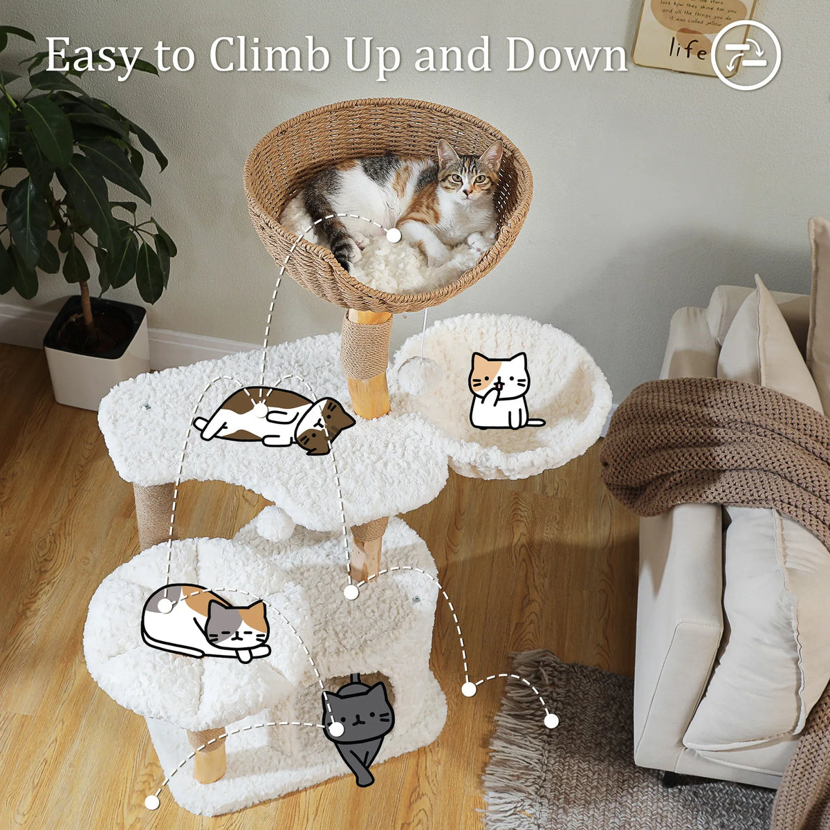 Arbre a chat design bois et rotin 123 cm
