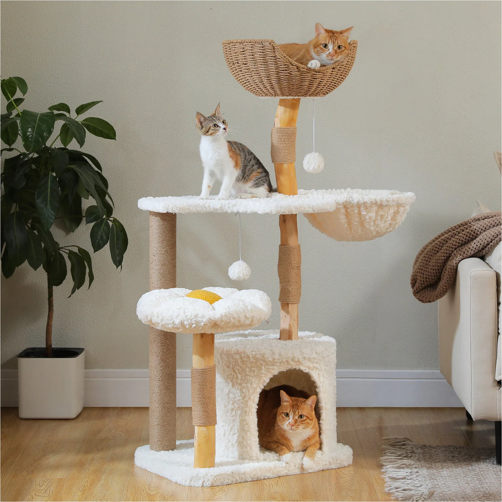 Arbre a chat design bois et rotin 123 cm
