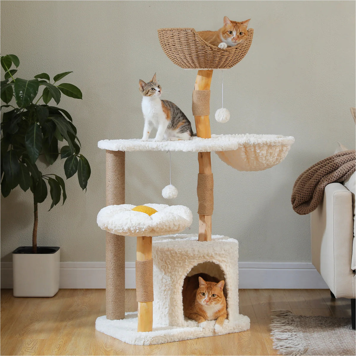 Arbre a chat design bois et rotin 123 cm